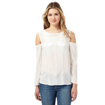 Preen/EDITION Ivory silk front cut-out cold shoulder top